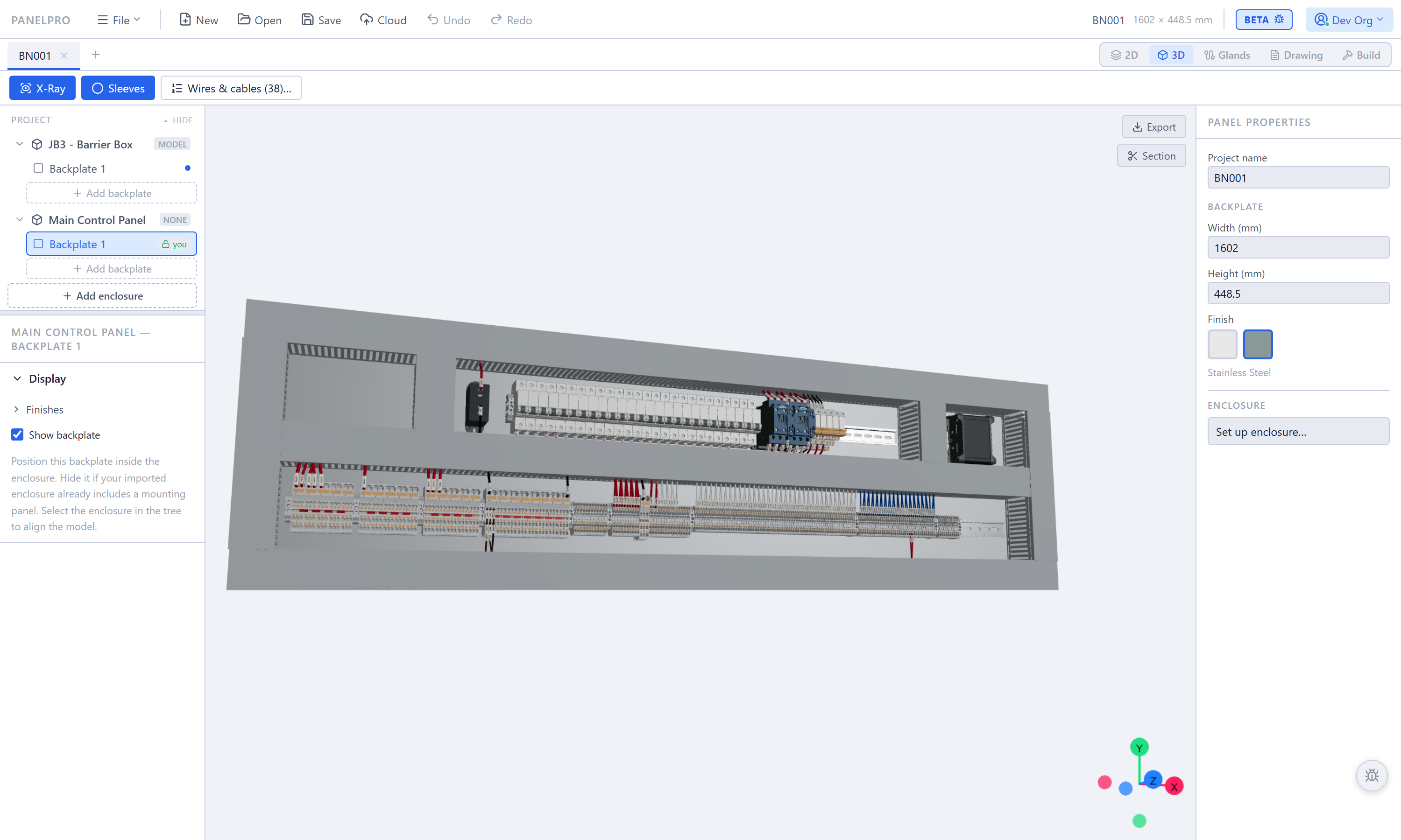 The same panel in 3D, turned three-quarters on: the backplate carrying slotted duct and DIN rails, a long row of breakers, contactors, PLC I/O and hundreds of terminal blocks, with conductors running between them at duct depth.