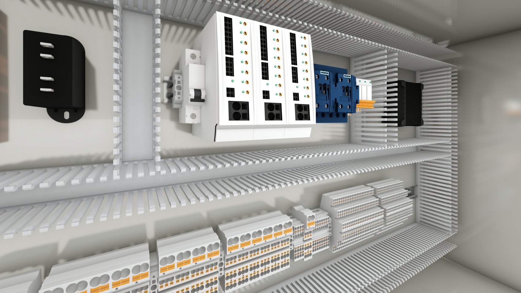Close-up render of the panel: terminal blocks with orange levers, a white relay module with green indicator LEDs, blue contactors and breakers, mounted between slotted duct runs.