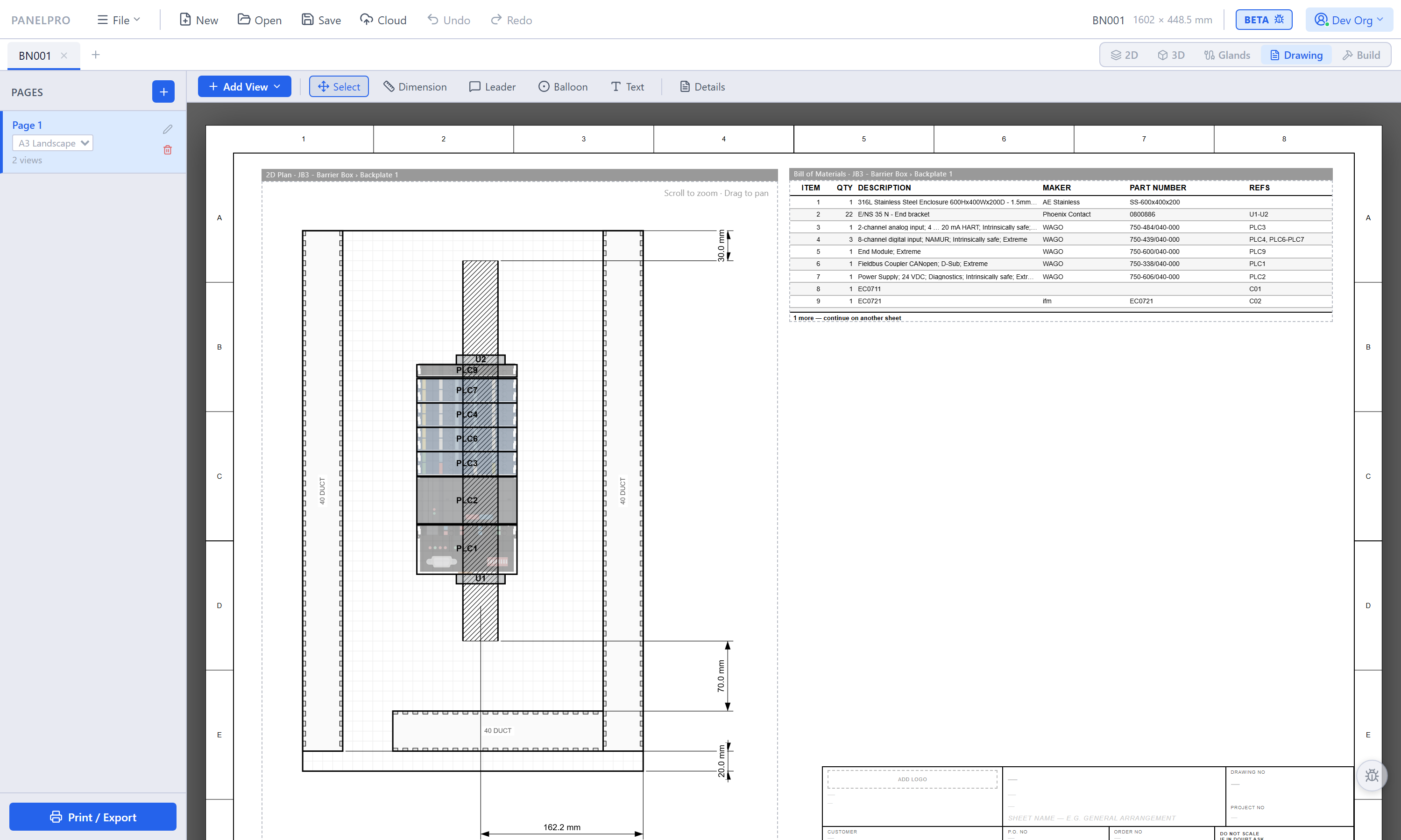 An A3 landscape drawing sheet: zone references down both margins, a dimensioned 2D plan of the barrier box with its duct runs and the real parts showing through under the symbols, a bill of materials table beside it listing maker, part number and references, and an editable title block along the bottom.