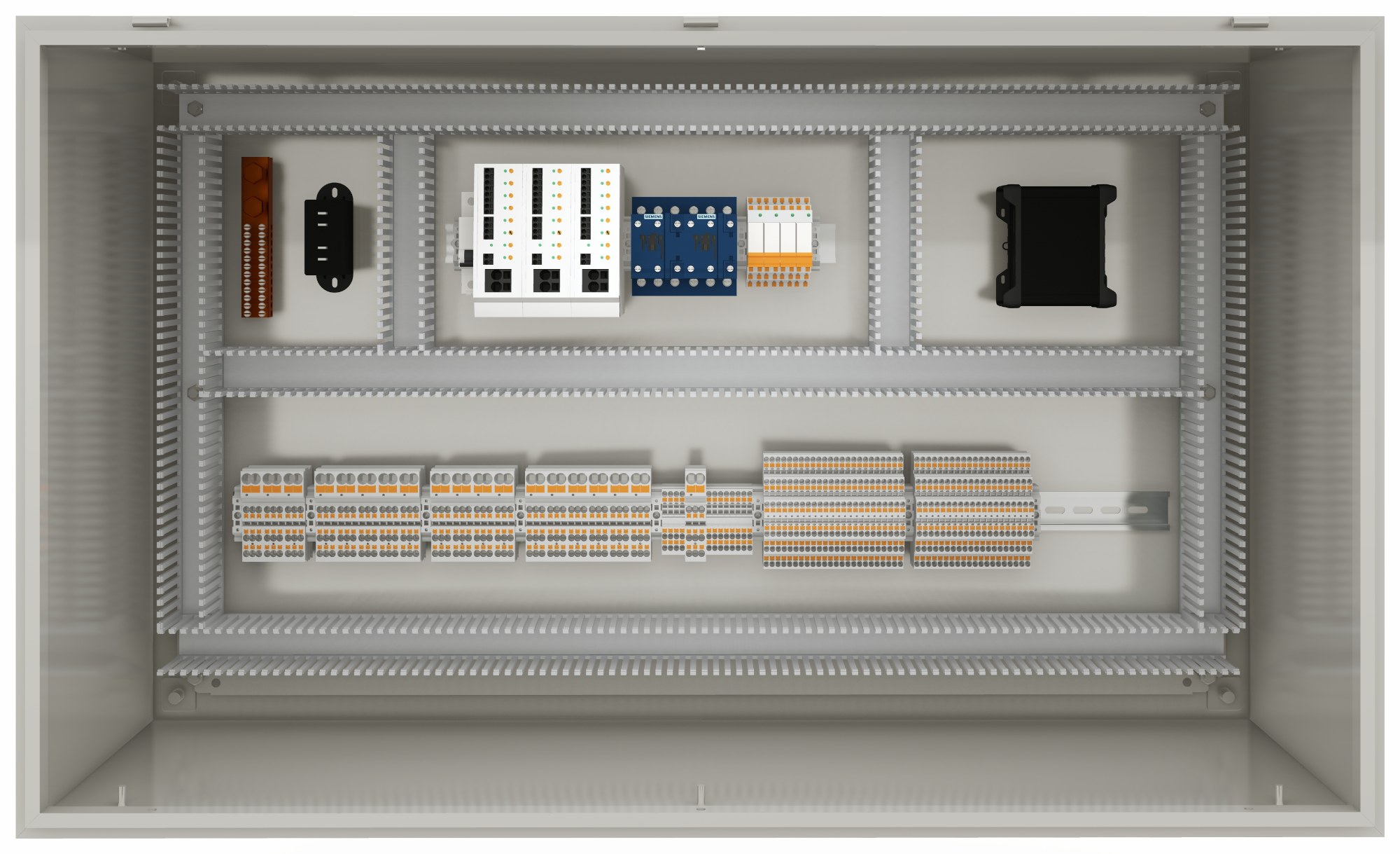 A photoreal render of a control panel interior: a copper earth bar, electronic circuit breakers, two blue contactors, relay modules, a cellular router and eighty-seven terminal blocks, all mounted on DIN rail between runs of slotted duct.