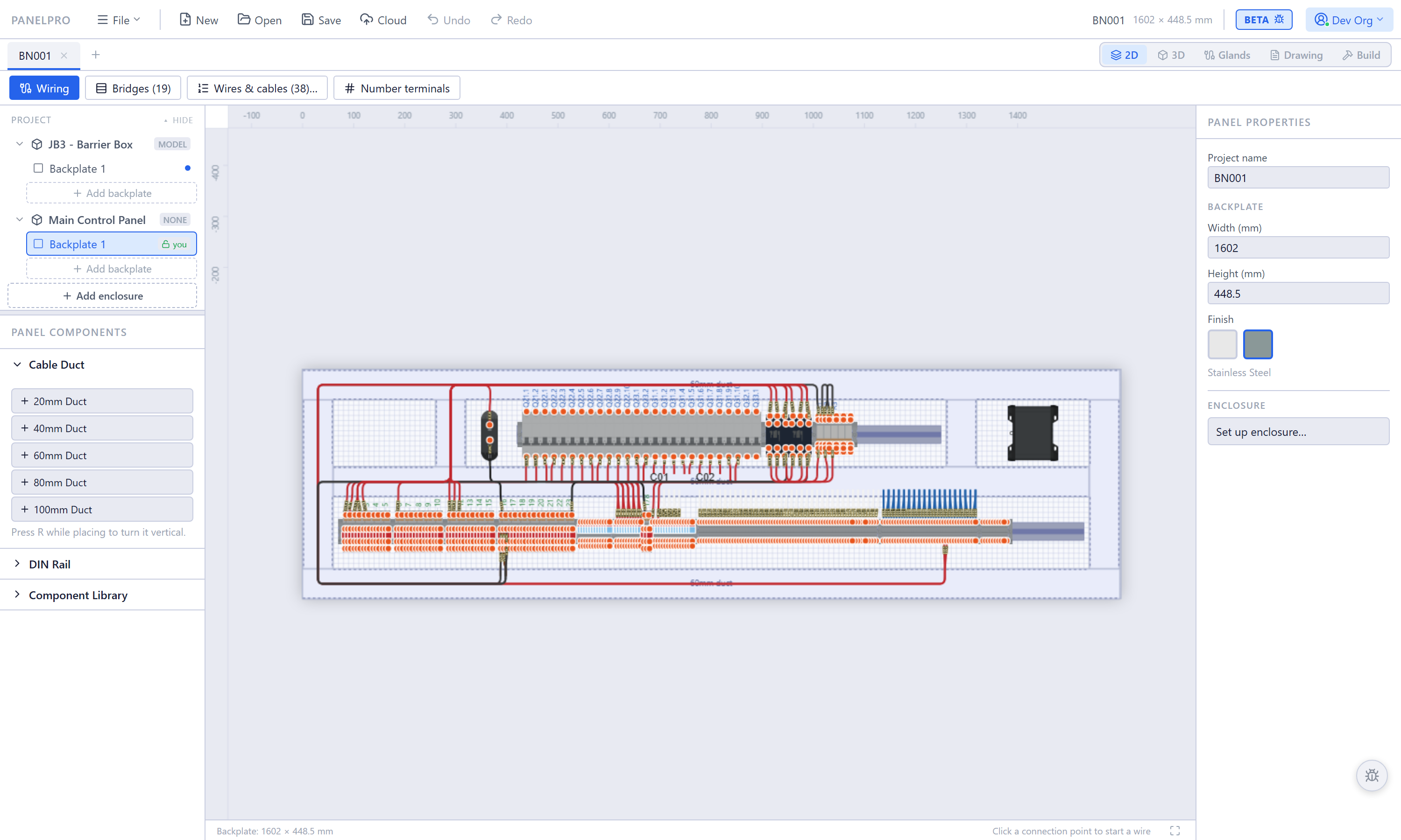 The same panel in wiring mode: thirty-eight wires and cables and nineteen busbar links in place, every available connection point on every part marked, conductors leaving the breakers and dropping into the 60 millimetre duct to run along it to the terminal strips, with cable runs C01 and C02 crossing between them.